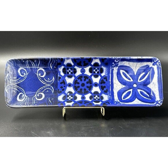 Ashland Indigo Rectangular Blue and White Ceramic Platter 14 Inches Long - Picture 1 of 9